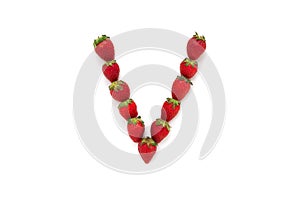 Alphabet V , letter from group of strawberries are arranged. Top view. Isolated on white background