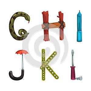 Alphabet with various objects. G,H,I,J,K,L creative cartoon letters made of umbrella, screwdriver tool, snake, pencil