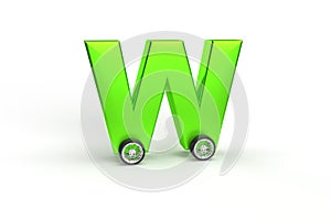 Alphabet W as car with wheels isolated in green on an isolated white background