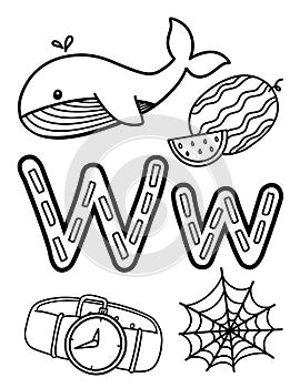 Alphabet W Coloring Page with cute object like Web