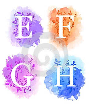 Alphabet with watercolor background white letters e f g h and young branches with leaves isolated on white background website page