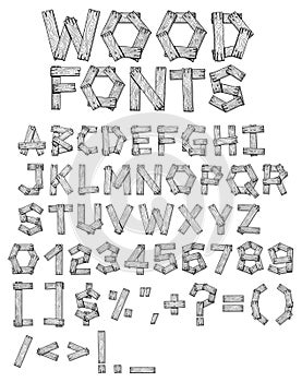 Alphabet wooden plank fonts letters and numbers. Hand drawn vector illustration