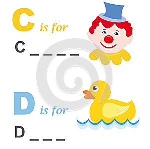 Alphabet word game: clown and duck