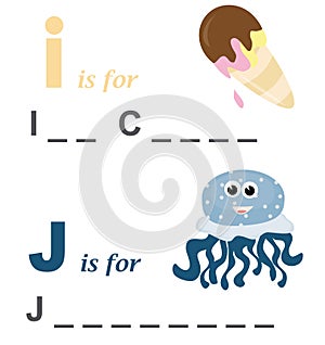 Alphabet word game: ice cream and jellyfish