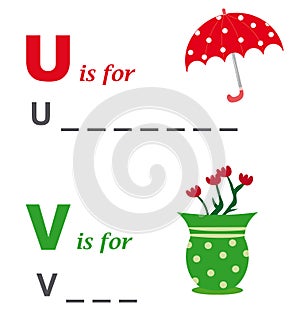 Alphabet word game: umbrella and vase