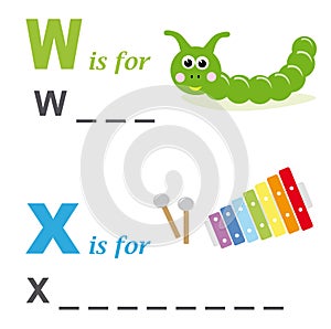 Alphabet word game: worm and xylophone photo