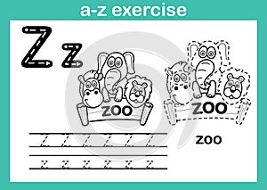 Alphabet a-z exercise with cartoon vocabulary for coloring book