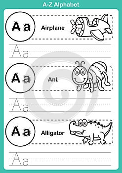 Alphabet a-z exercise with cartoon vocabulary for coloring book