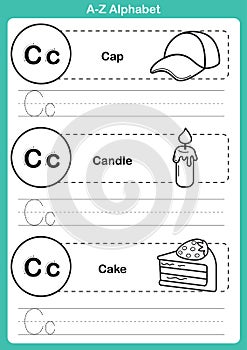 Alphabet a-z exercise with cartoon vocabulary for coloring book