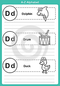 Alphabet a-z exercise with cartoon vocabulary for coloring book