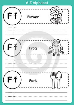 Alphabet a-z exercise with cartoon vocabulary for coloring book