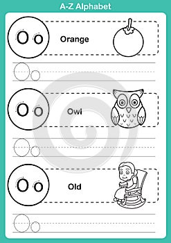 Alphabet a-z exercise with cartoon vocabulary for coloring book