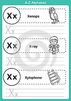 Alphabet a-z exercise with cartoon vocabulary for coloring book