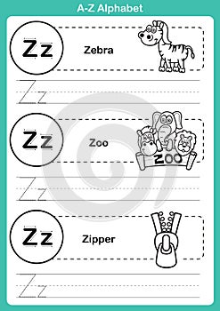 Alphabet a-z exercise with cartoon vocabulary for coloring book