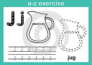 Alphabet a-z exercise with cartoon vocabulary for coloring book