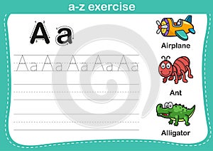 Alphabet a-z exercise with cartoon vocabulary illustration