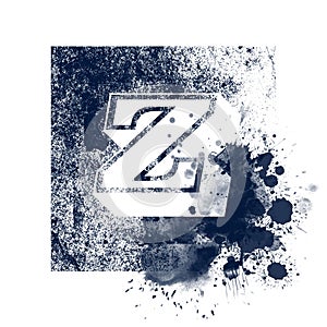 Alphabet Z, grungy letter, font typography design, blue and white, ink splash grung