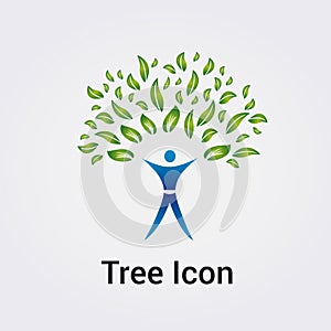 Tree and Silhouette Icon Nature Foliage, Leaves Design Blue Green Colors for Logo Green Business Psychology Mental Health