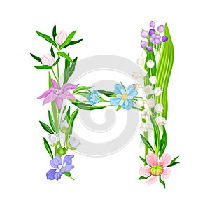 Alphabetical Character H Arranged from Fresh Meadow Flora Vector Illustration