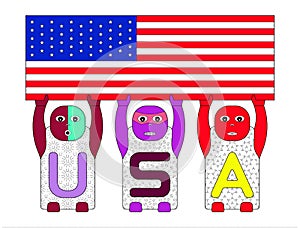 ALPHABETICAL CHILDREN'S NAMES U,S,A LIFTING US FLAG ON WHITE BACKGROUND