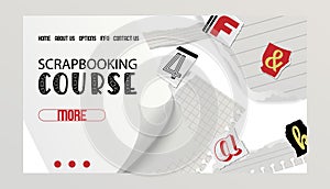 Alphabetical collage banner, web design vector illustration. Scrapbooking course. Words cut out by scissors from