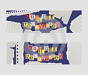 Alphabetical collage set of banners vector illustration. Words cut out by scissors from colorful paper. Pieces of photo
