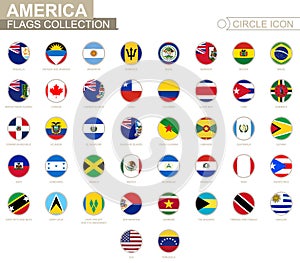 Alphabetically sorted circle flags of America. Set of round flags