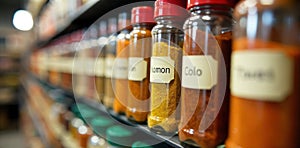 Alphabetized spice jars with uniform labels, creating a visually cohesive and functional pantry. Eye level view of a neatly