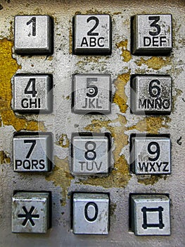 Alphanumeric keys of a phone booth. Old phone booth. Foreground.