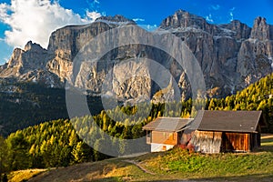 Alpin hut at Passo Pordoi with Sella Group, Dolomites, Italian A