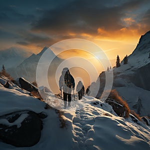 Alpine adventure Backpackers walking in snowy mountains during sunset