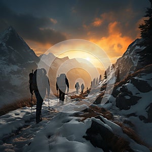 Alpine adventure Backpackers walking in snowy mountains during sunset