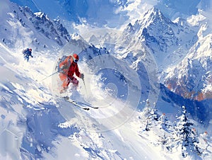 Alpine Adventure: Ski Descent on Snowy Slopes