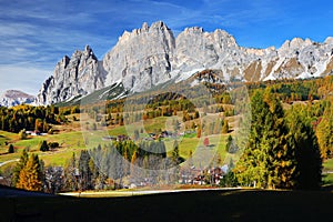 Alpine autumn landscape of Cristallo group - Cristallo and Pomagagnon Mountains.