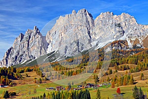 Alpine autumn landscape of Cristallo group - Cristallo and Pomagagnon Mountains.