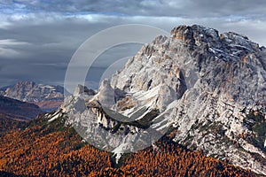 Alpine autumn landscape over Cristallo Mountain in the Dolomites.