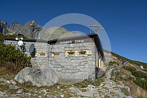 Alpine chalet Skalnata chata in High Tatras mountains. Mountain hut near the Lomnicky peak. Tatranska Lomnica.