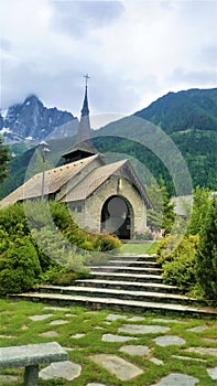 Alpine Church with Steeple and Mossy Flagstones