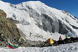 Alpine climbers base camp on hiking route, the flag of Bulgaria