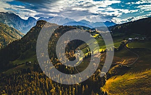 Alpine countryside landscape with high mountains. Kamnik Savinja Alps, Logar valley, Slovenia, Europe.