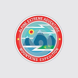 Alpine extreme adventure - concept badge in flat design style. Mountains expeditions creative vintage logo. Discovery outdoor