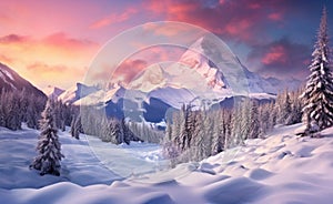 Alpine glow illuminates snow-capped peaks and frosted pine trees during a tranquil winter sunset