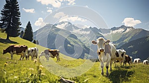 Alpine Grazer. A Cow\'s Tranquil Life in Mountain Meadows. Generative AI photo