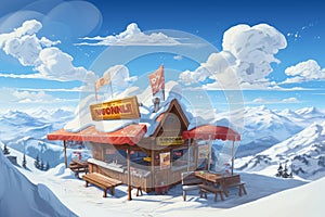 Alpine Hot dog shop on snow mountains. Generate Ai