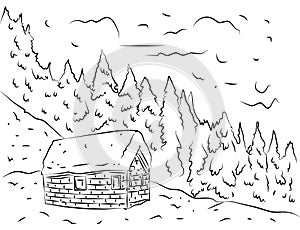 Alpine hut line drawing black line drawing