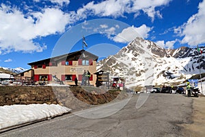 Alpine hut Rifugio Bonetta at gavia pass and mountain Corno dei Tre Signori