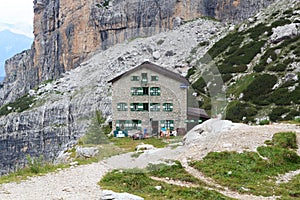 Alpine hut Rifugio Brentei in Brenta Dolomites mountains, Italy