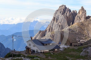 Alpine hut Rifugio Carducci and Sexten Dolomites mountains in South Tyrol