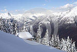 Alpine hut under snow