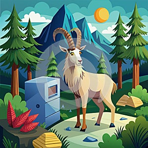 Alpine Ibex goat sympathetic stands forest Refrigerator vector